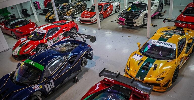 A range of Ferrari Challenge cars stored at the FF Corse storage facility